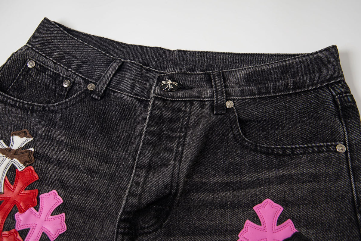 Chrome Hearts Multi Cross Patch Denim Jeans - Grey Gothic Street Pants 1111